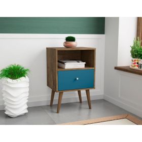 Manhattan Comfort Liberty Mid-Century Modern Nightstand 1.0 with 1 Cubby Space and 1 Drawer in Rustic Brown and Aqua Blue