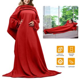 Wearable Fleece Blanket with Sleeves Cozy Warm Microplush Sofa Blanket Extra Soft Lightweight for Adult Women Men 3 Colors (Color: Red)