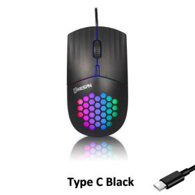 USB/Type C Wired Mouse 1600 DPI RGB Backlit Mice Honeycomb Gaming Mause for Computer iPad Mac Tablet Macbook Air Laptop PC (Color: Type C Black)