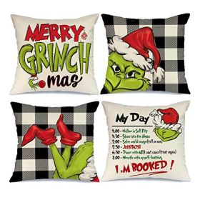 18x18 In Of For Christmas Decorations Green Buffalo Plaid Grinch Christmas Pillow Covers (Type: 11)