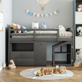 Loft Bed Low Study Twin Size Loft Bed With Storage Steps and Portable,Desk (Color: Gray)